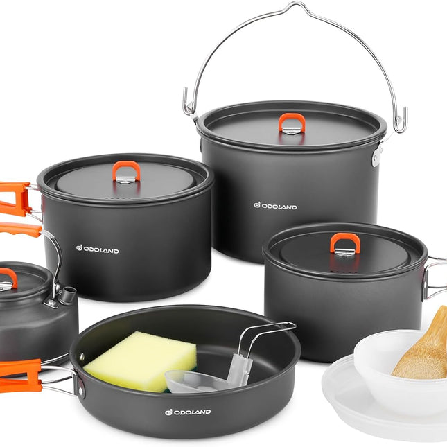 Odoland Camping Cookware Set 16 Pcs Hanging Pot Pan Kettle With Plates