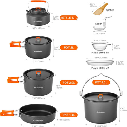 Odoland Camping Cookware Set 16 Pcs Hanging Pot Pan Kettle With Plates