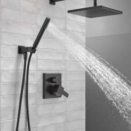 Delta Modern 14 Matte Black Rain Shower System – 10" Head & Va
