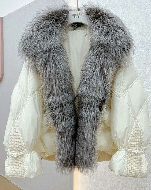 Elegant White Down Puffer Coat with Luxurious Silver Fox Fur Collar - Women's Winter Fashion Statement