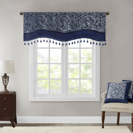 Room & Decor Navy Jacquard Window Valance with Beads, 50x18