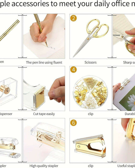 Elegant Golden Acrylic Office Accessory Set with Stapler, Tape Dispenser, Scissors, and 1000 Staples