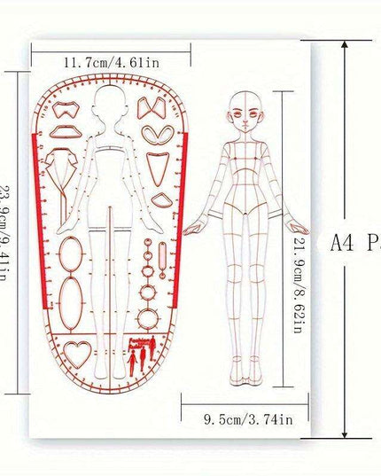 Clear Fashion Illustration Ruler Set with Dress Form Templates for Student Design and BJD Doll Outfit Sketching