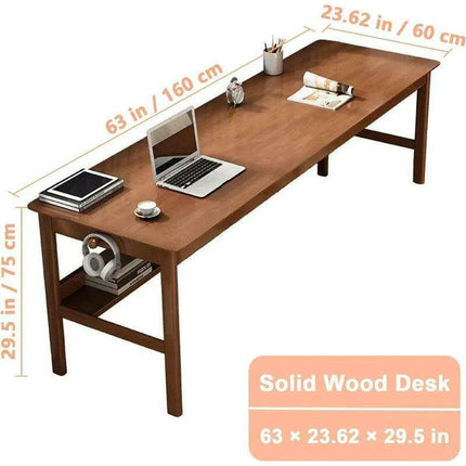 63" Elegant Mid Century Modern Solid Wood Office Desk with Storage Shelf - Walnut Finish - Très Elite