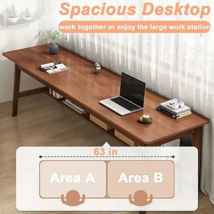 63" Elegant Mid Century Modern Solid Wood Office Desk with Storage Shelf - Walnut Finish - Très Elite