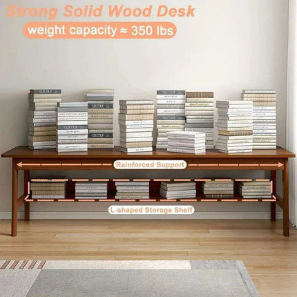 63" Elegant Mid Century Modern Solid Wood Office Desk with Storage Shelf - Walnut Finish - Très Elite
