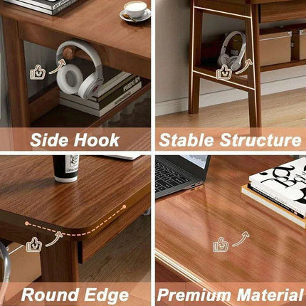 63" Elegant Mid Century Modern Solid Wood Office Desk with Storage Shelf - Walnut Finish - Très Elite