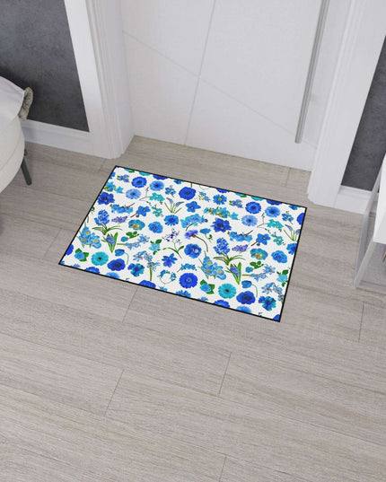 Elegant Customizable Blue Blossom Floor Mat with Chic Black Trim
