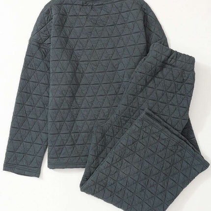 Charcoal Quilted Casual Set: Pullover & Trousers Combo