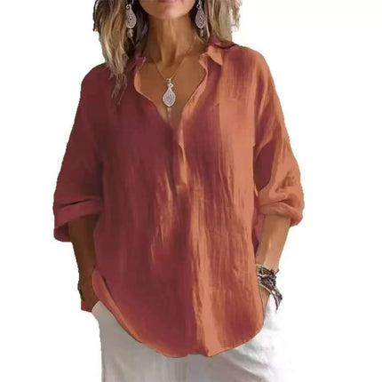 Women's Casual Long-Sleeved Lapel Pullover Shirt — Loose Fit, 3/4 Sleeve