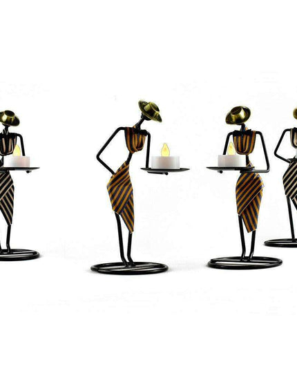 Artistic Vintage Iron Tealight Holders Featuring Elegant Women Figures
