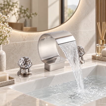 Rozin Widespread Waterfall Basin Faucet with Dual Crystal Handles | Golden, Chrome, Black & Silver