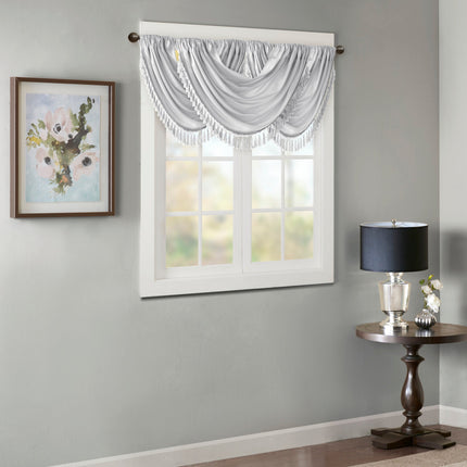 Room and Decor Faux Silk Waterfall Valance, Embellished, Silver 38x46