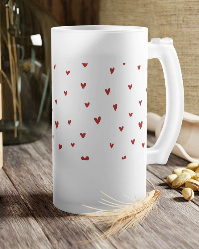 Elegant 16oz Valentine Red Heart Frosted Glass Beer Mug - For the Sophisticated Enthusiast