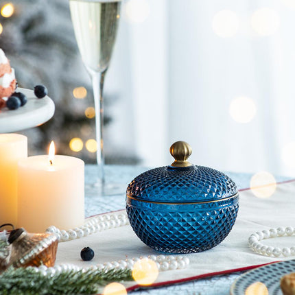 Room & Decor S2 Blue Gold Glass Candy Jar with Lid - Christmas Decor