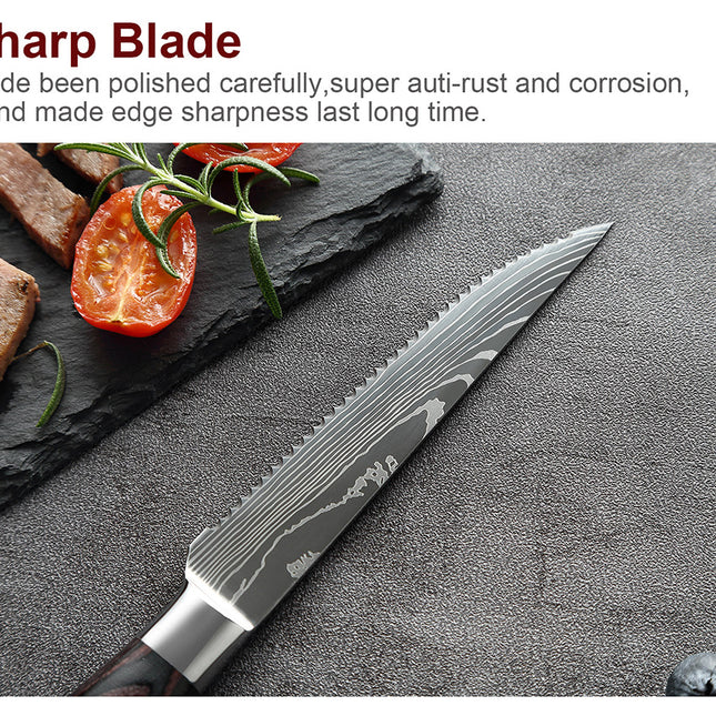 Damascus Pattern Western-Style 6-Piece Steak Knife Set — Serrated Stainless Steel Blades