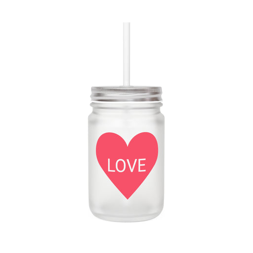 LOVE Valentine Glass Mason Jar Drinking Mug with Lid and Straw - 16oz