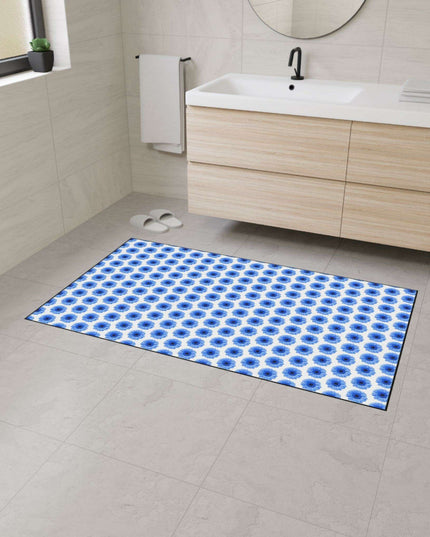 Chic Blue Daisy Deluxe Area Rug with Elegant Black Accents and Anti-Slip Base