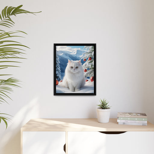 Snow White Cat Christmas Canvas Print - Elegant Design in Chic Black Frame