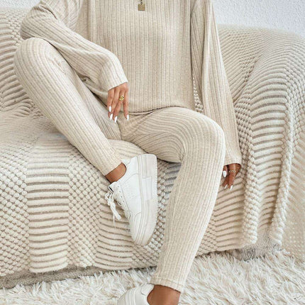 Chic Apricot Ribbed Knit Lounge Ensemble: Long Sleeve Top & Slim Fit Pants