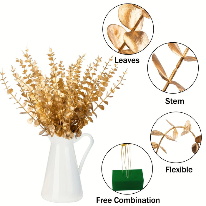 Golden Festive Artificial Eucalyptus Stem Bundle - Set of 15 for Elegant Home Decor
