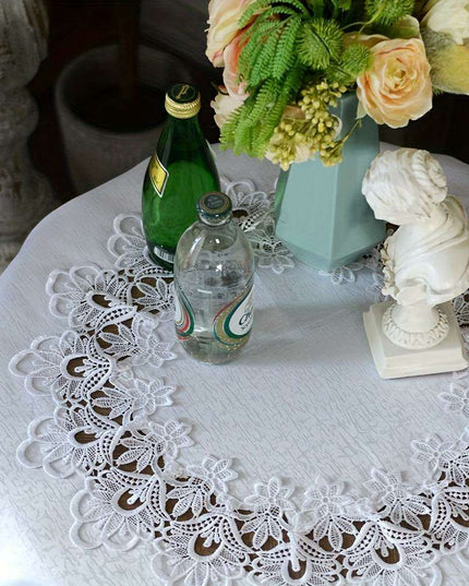 Sophisticated White Floral Lace Round Table Cover - 32-Inch Polyester Cloth for Elegant Dining Events, Easy Care