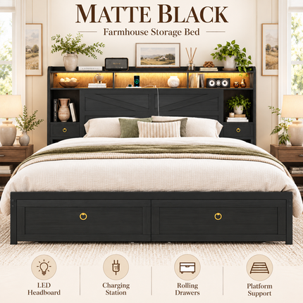Farmhouse King Bed Frame with LED Headboard, 4-Drawer Storage & Charging Station Platform Beds & Bed Frames king-bed-frame-with-led-lights-storage-drawers-charging-station-farmhouse-style-no-box-spring-needed Furniture > Bedroom Furniture > Beds & Bed Frames