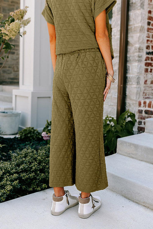 Sage Green Quilted Co-ord Set with Short Sleeve Top and Wide Leg Pants
