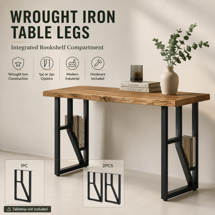 Wrought Iron Table Legs with Integrated Bookshelf Compartment — Modern Bar Stand