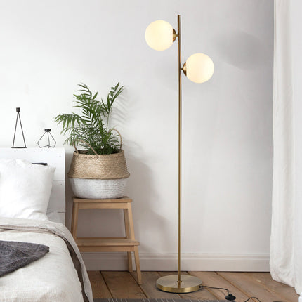 Homcom Modern Floor Lamp with 2 Glass Shades, White Gold Metal Design