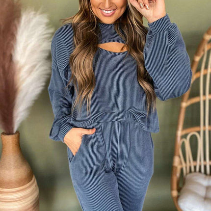 Trendy Blue Ribbed Lounge Set: Stylish Hoodie and Pants Duo for Everyday Comfort