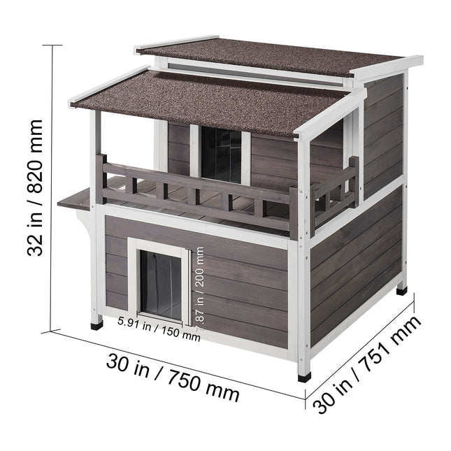 Peekaboo Studio VEVOR 2-Story Wooden Cat House with Balcony & Roof