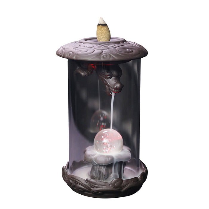 Dragon Backflow Incense Burner - Purple Sand Material with LED Light and Windproof Cover