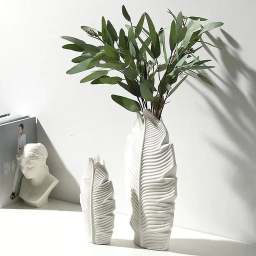 Leafy Elegance: Elegant White Ceramic Vase for Chic Home and Office Decor