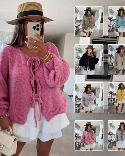 2024 Casual Knitted Bow Lace Up Cardigan Women Solid O-neck Short Sleeve Hollow Out Sweater Female Autumn Lady Solid Streetwear