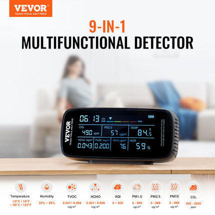 VEVOR Air Quality Monitor 9-IN-1 — CO2, PM2.5, TVOC, Humidity & Temperature