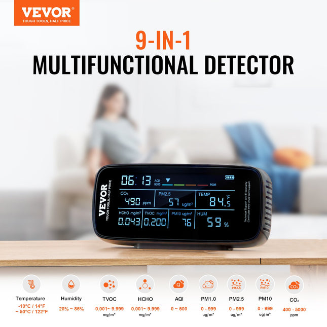 VEVOR Air Quality Monitor 9-IN-1 — CO2, PM2.5, TVOC, Humidity & Temperature