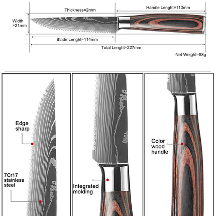 Damascus Pattern Western-Style 6-Piece Steak Knife Set — Serrated Stainless Steel Blades