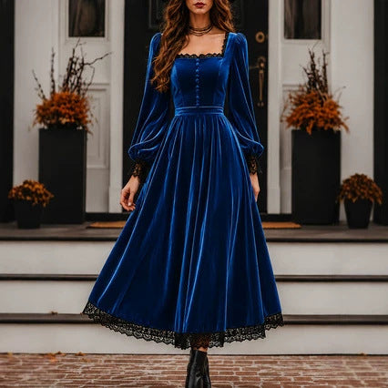 Peekaboo Studio Square-neck Velvet Dress with Lace Panels and Sleeves