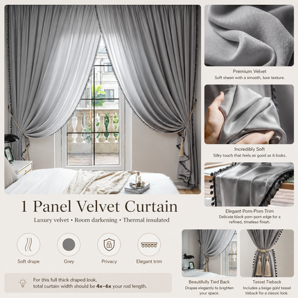 MF Household Store Velvet Thermal Insulated Room Darkening Curtain - G Curtains 1-panel-velvet-curtains-thermal-insulated-room-darkening-curtain-drapes-with-ball-home-decor-grey
