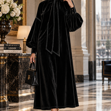 Peekaboo Studio High-Neck Velvet Dress with Bow & Elegant Design