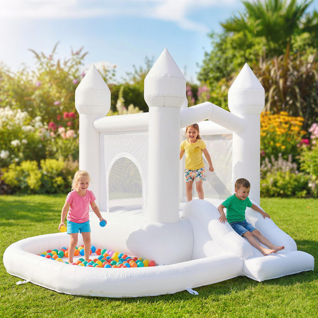 Peekaboo Studio 3-in-1 White Castle Bounce House with Slide & Ball Pit