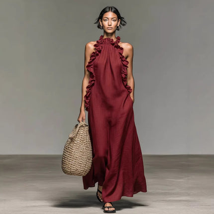 Peekaboo Studio Ruffled Halter Neck Maxi Dress - Flowy, Loose Fit