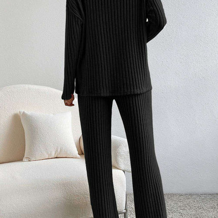 Elegant Black Ribbed V-Neck Lounge Set