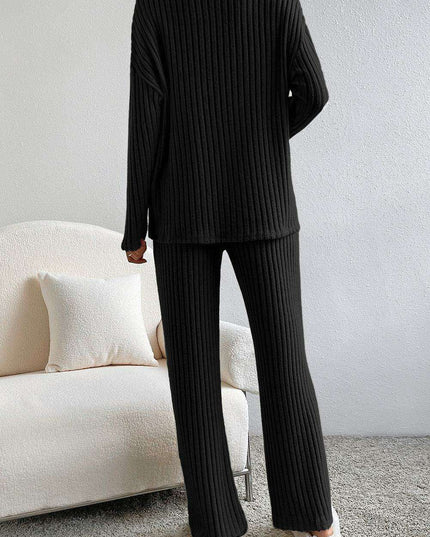 Elegant Black Ribbed V-Neck Lounge Set
