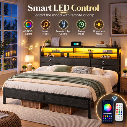 King Bed Frame with 3-Tier Storage Headboard, RGB LED, 4 Drawers & Charging Station — Black / Brown Platform Beds & Bed Frames king-bed-frame-with-storage-headboard-led-lights-charging-station-4-drawers-heavy-duty-no-box-spring-needed Furniture > Bedroom Furniture > Beds & Bed Frames > Platform Beds