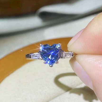 Heart-Cutting Blue Lab-Diamond Ring with Sparkling Zircon Accents in Premium Sterling Silver