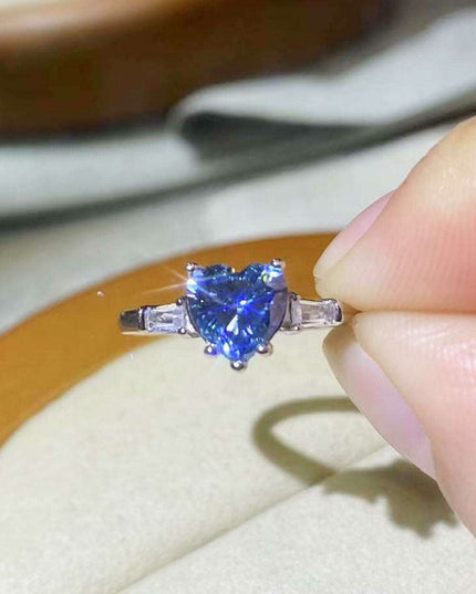 Heart-Cutting Blue Lab-Diamond Ring with Sparkling Zircon Accents in Premium Sterling Silver