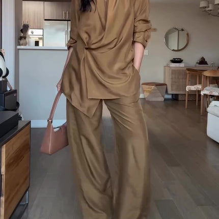 Peekaboo Studio Wrap-Style Satin Blouse & Wide-Leg Pants Set, Elegant