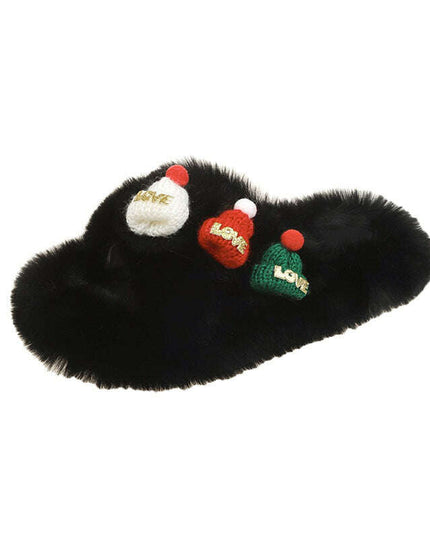 Christmas Hat Fluffy Slippers Women's Warm Toe Covering Cotton Slippers